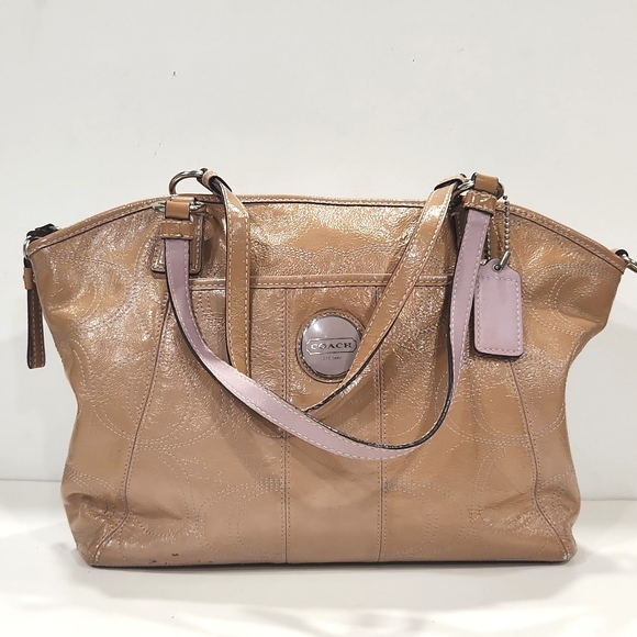 Coach Handbags - Coach Signature Stitch Patent Leather Tan with Lavender Large Tote Bag